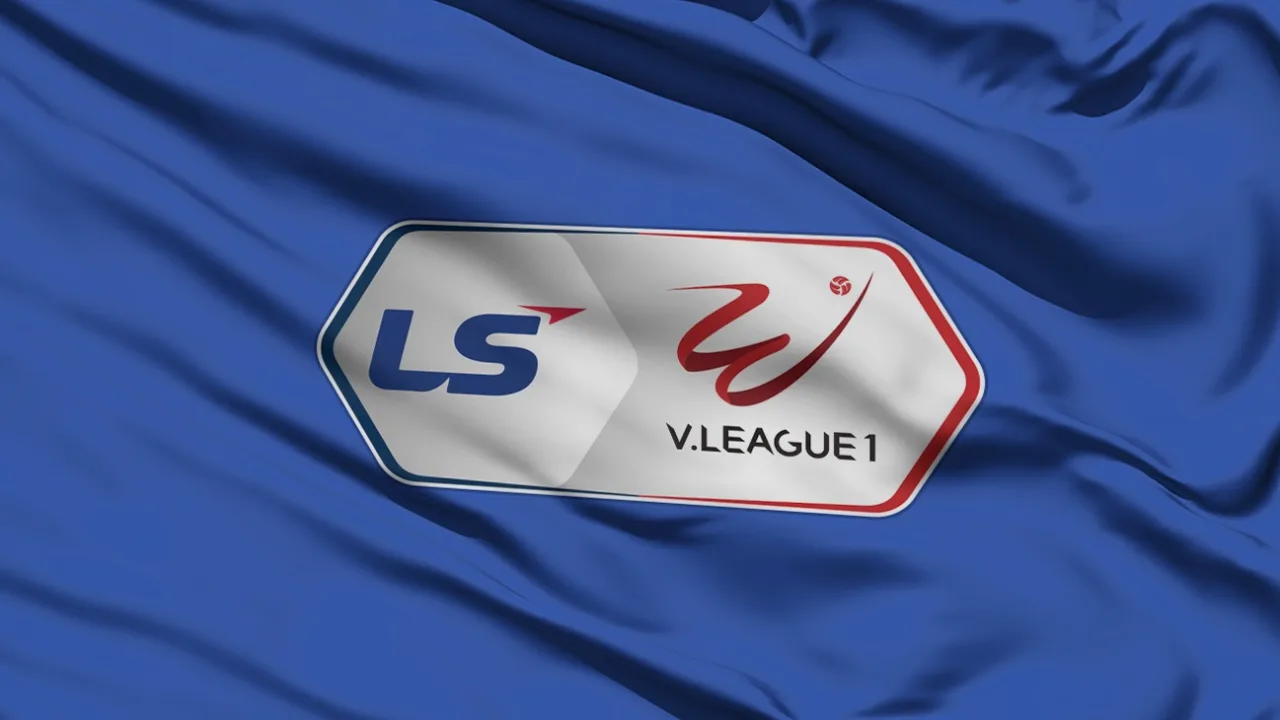 Logo V-League 1 trên nền cờ xanh